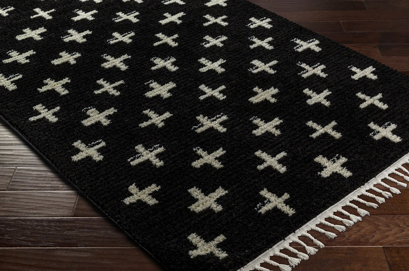 Anda White Cross on Black Plush Rug - Clearance by Boutique Rugs