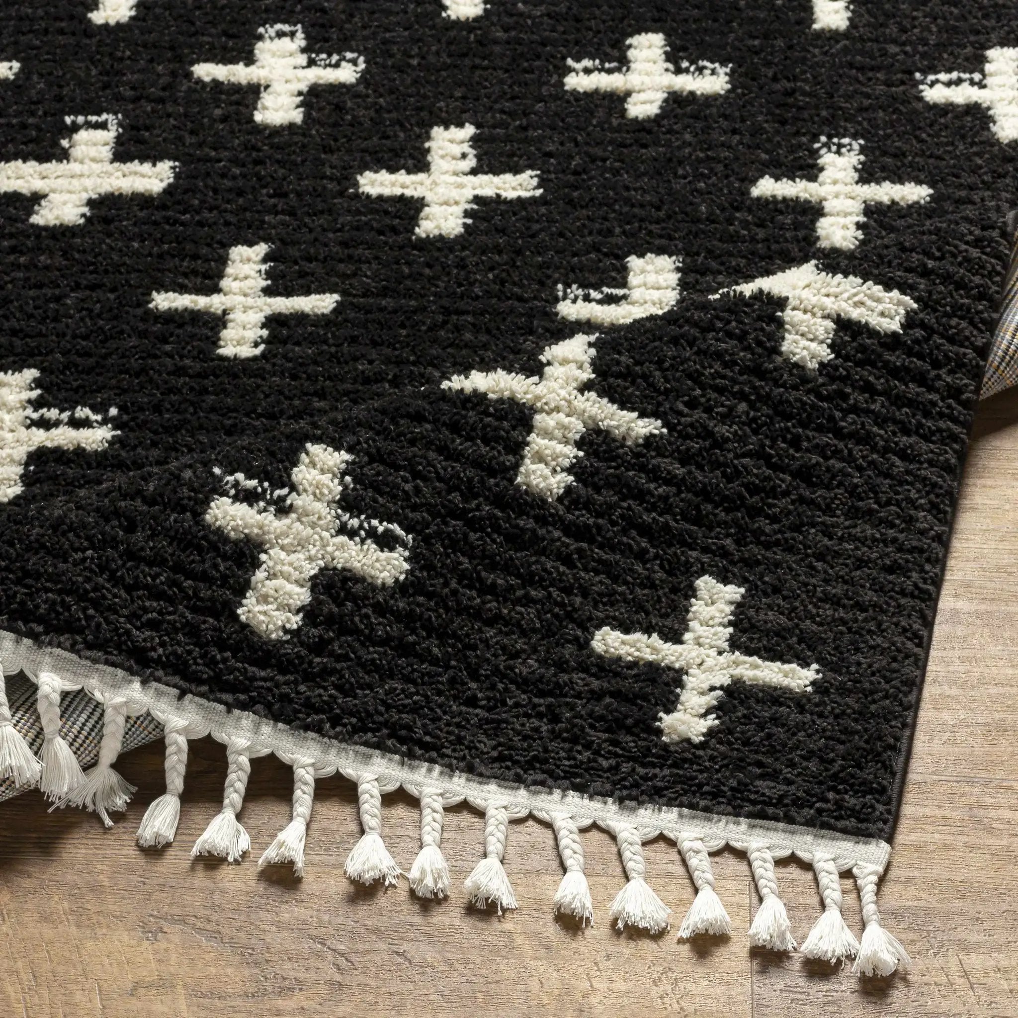 Anda White Cross on Black Plush Rug - Clearance by Boutique Rugs