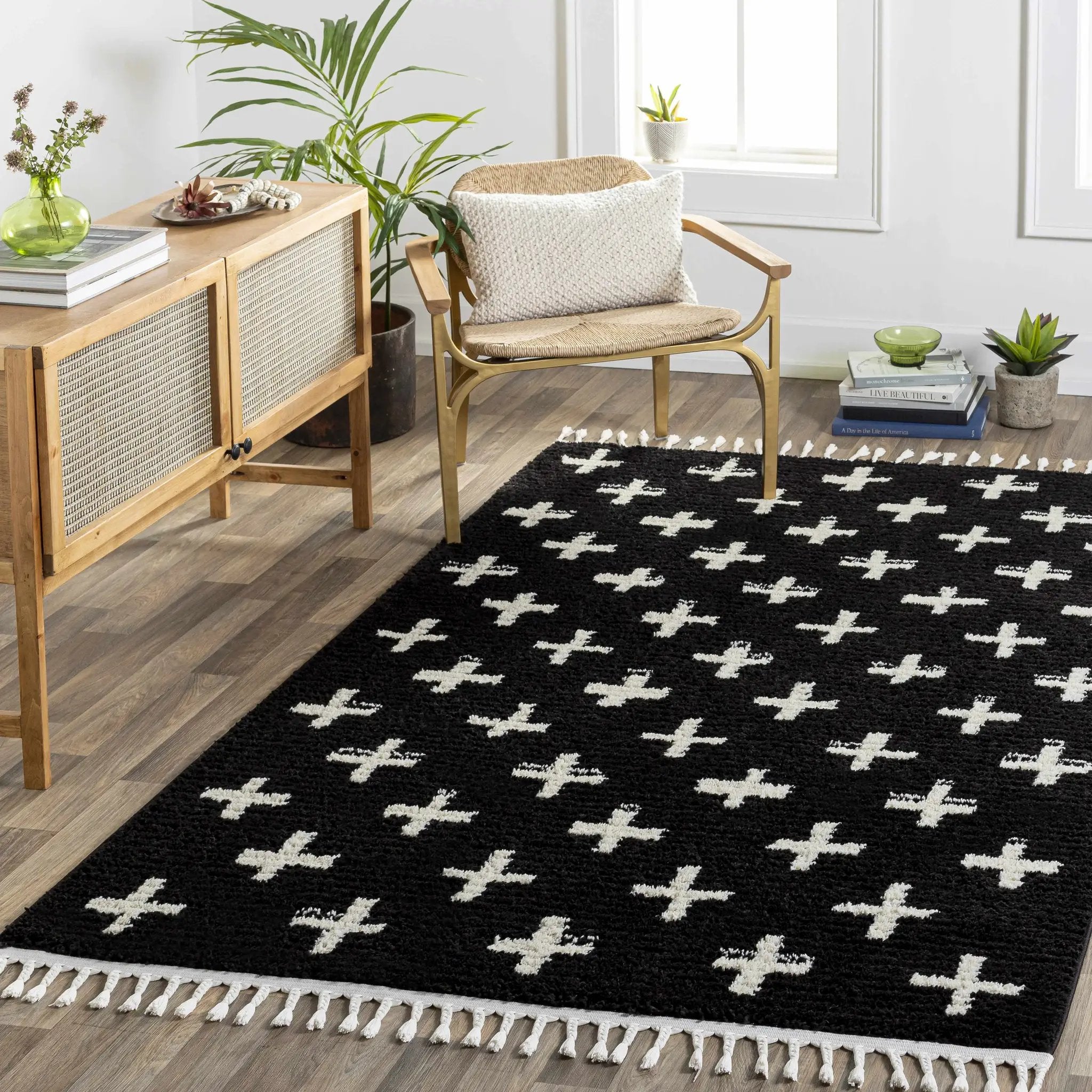 Anda White Cross on Black Plush Rug - Clearance by Boutique Rugs