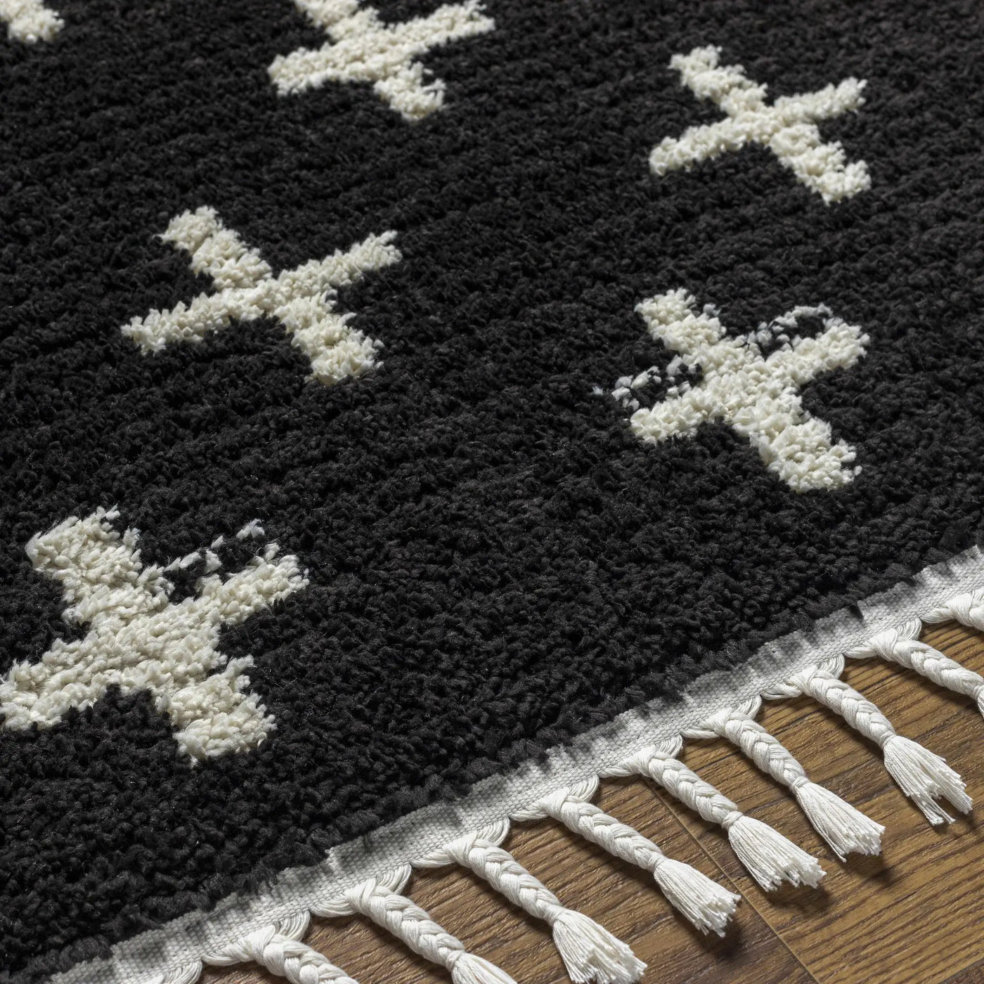 Anda White Cross on Black Plush Rug - Clearance by Boutique Rugs