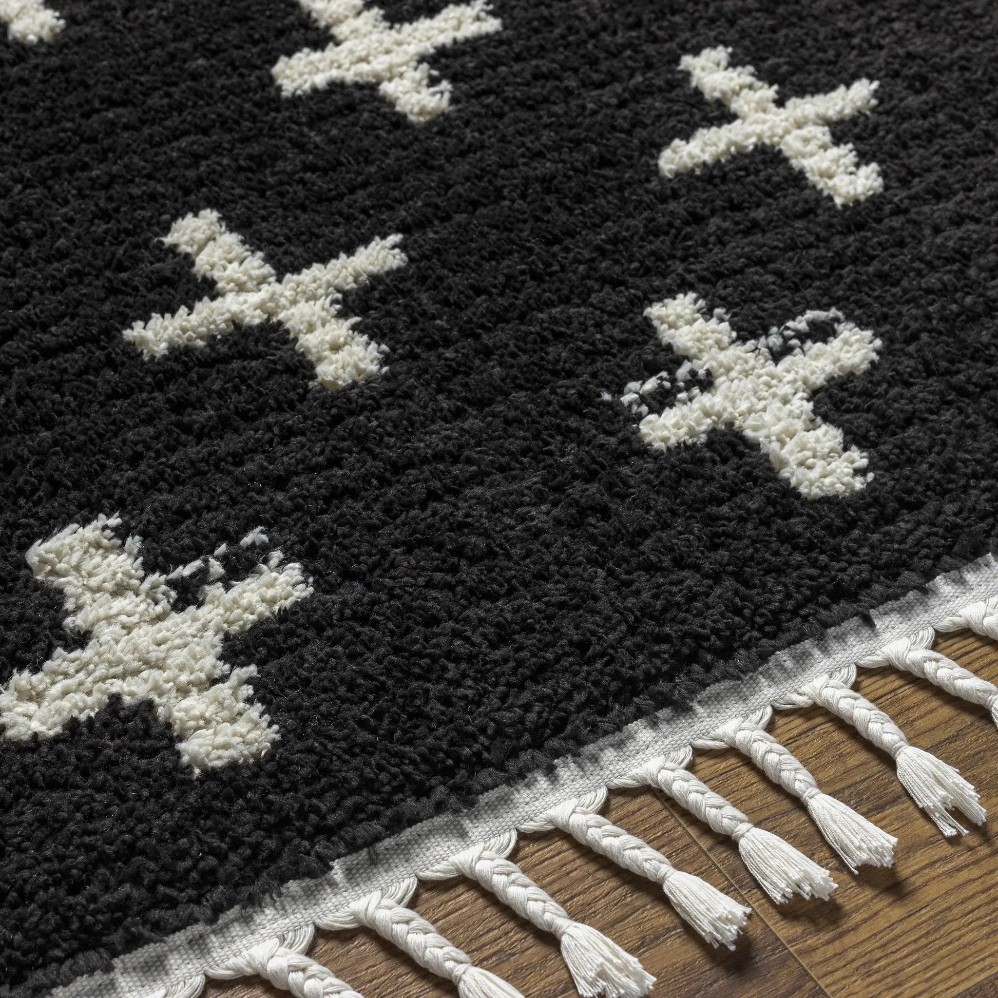 Anda White Cross on Black Plush Rug - Clearance by Boutique Rugs