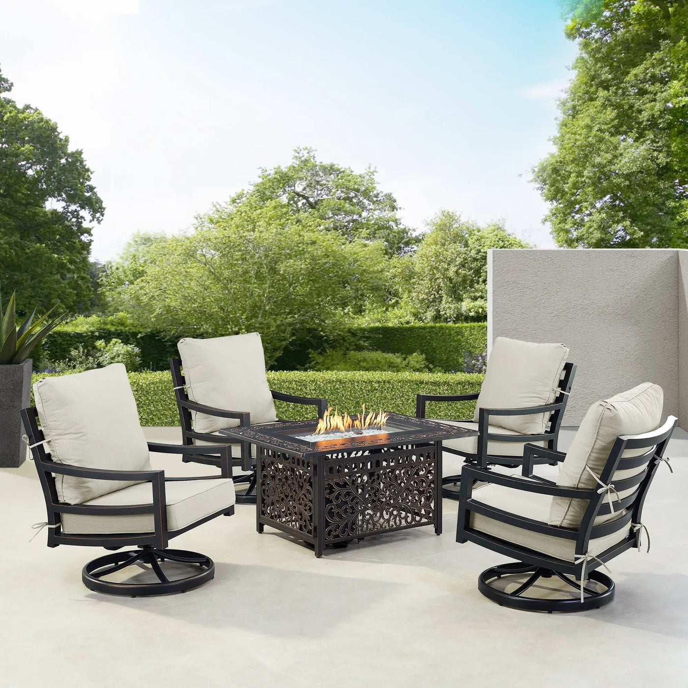 Black Aluminum Fire Table Set with Four Club Chairs by Sharicks