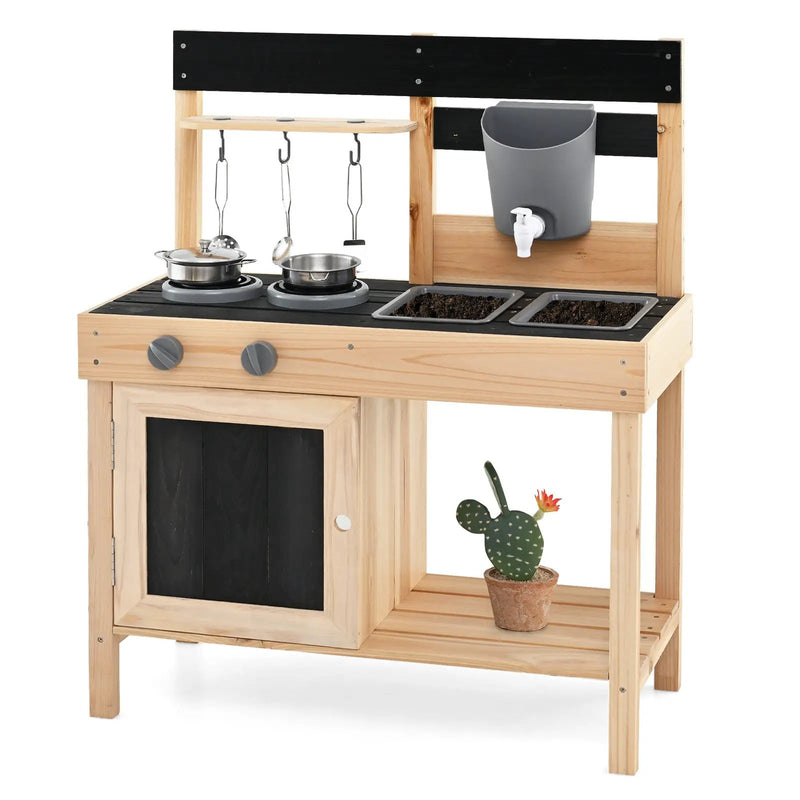 Mud Kitchen Playset Kids Play Kitchen Outdoor with 2 Removable Sinks-Natural by DirectDeals