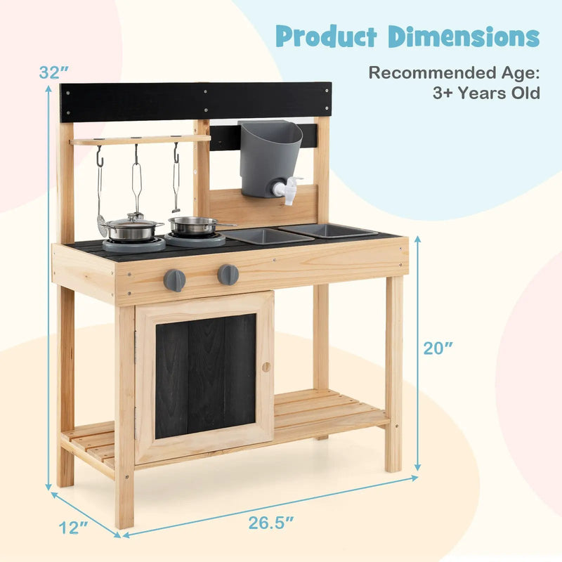Mud Kitchen Playset Kids Play Kitchen Outdoor with 2 Removable Sinks-Natural by DirectDeals