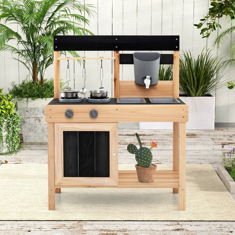 Mud Kitchen Playset Kids Play Kitchen Outdoor with 2 Removable Sinks-Natural by DirectDeals