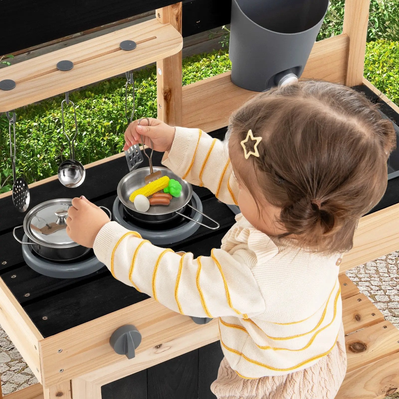 Mud Kitchen Playset Kids Play Kitchen Outdoor with 2 Removable Sinks-Natural by DirectDeals