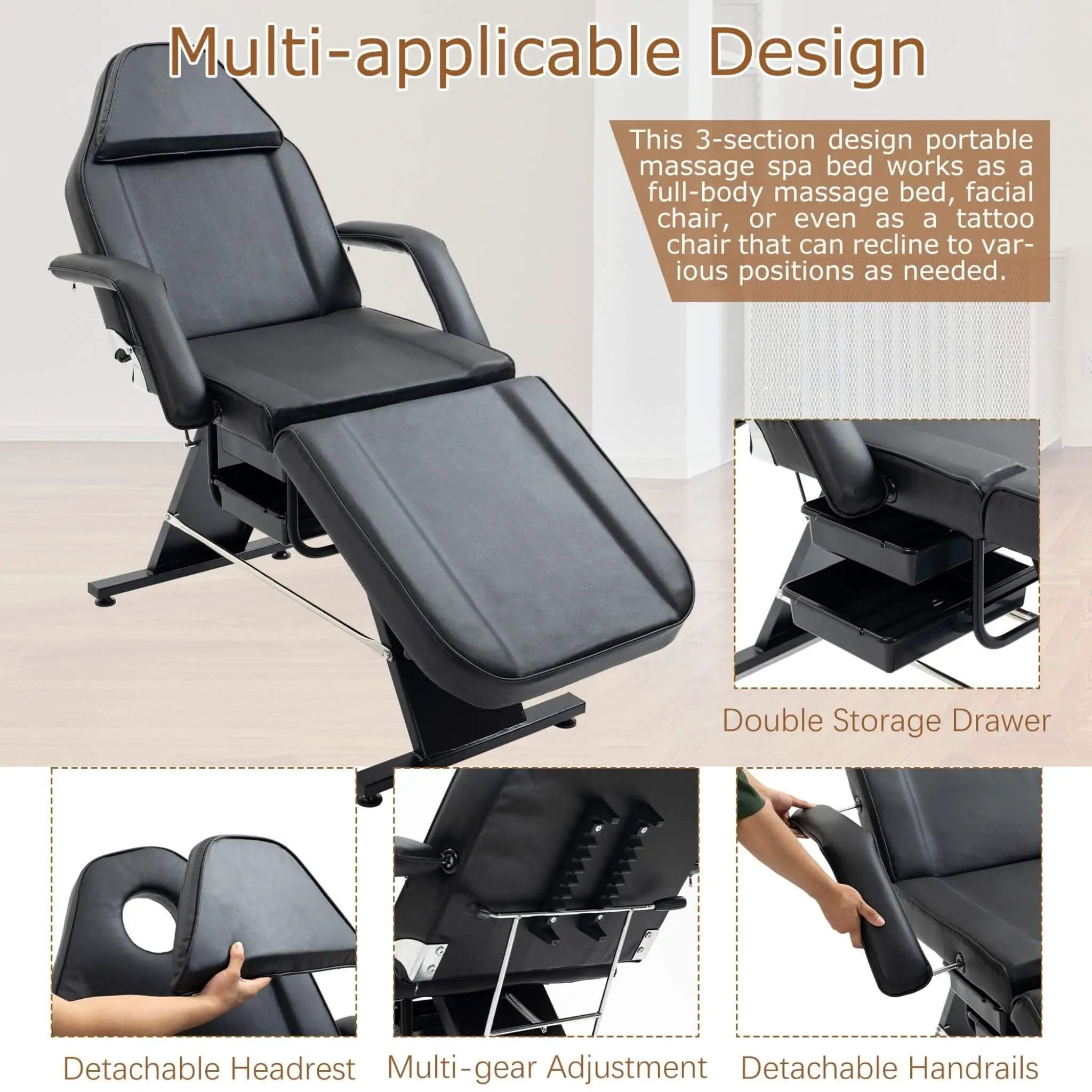 Multi-Purpose 3-Section Adjustable Massage Tattoo Chair With Stool (SAK35617) by SAKSBY WHOLESALE