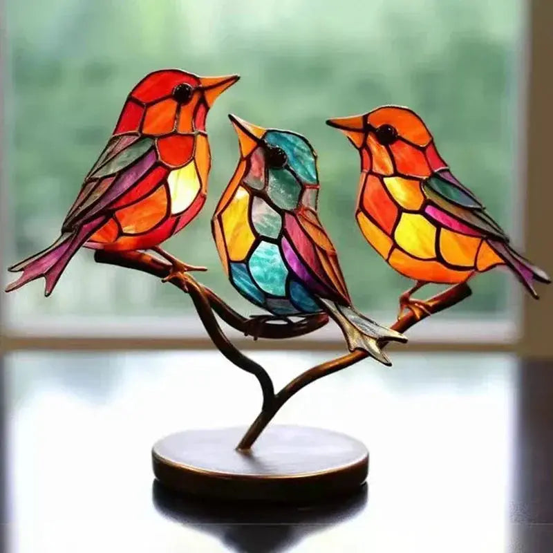 Multicolor Stained Acrylic Birds on Branch for Desktop Display by House Of Avana