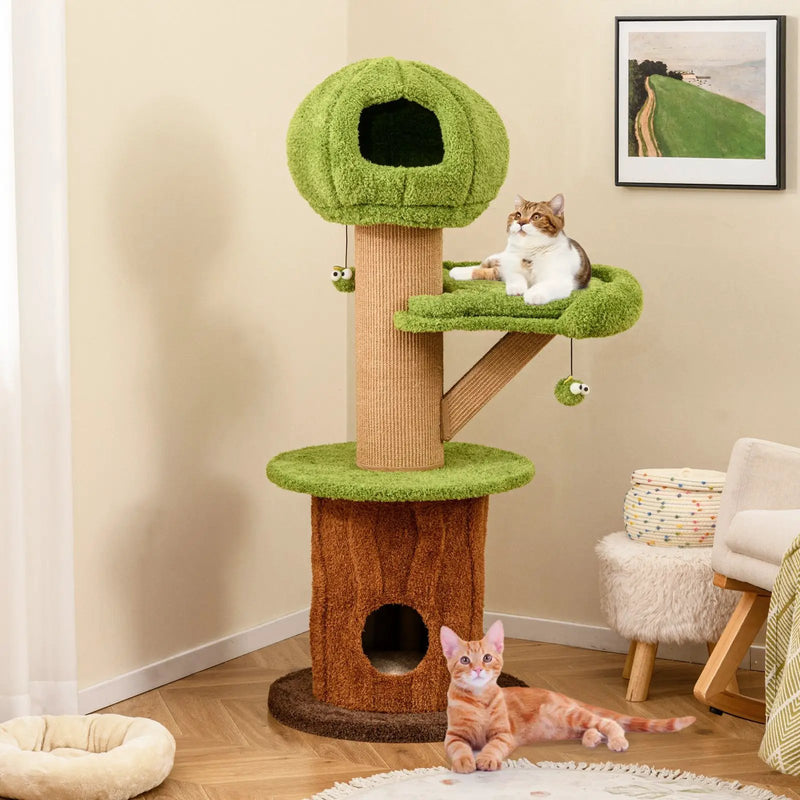 Mushroom Cat Tree for Indoor Cats with 2 Cute Condos Plush Perch and Teasing Balls-Green by DirectDeals