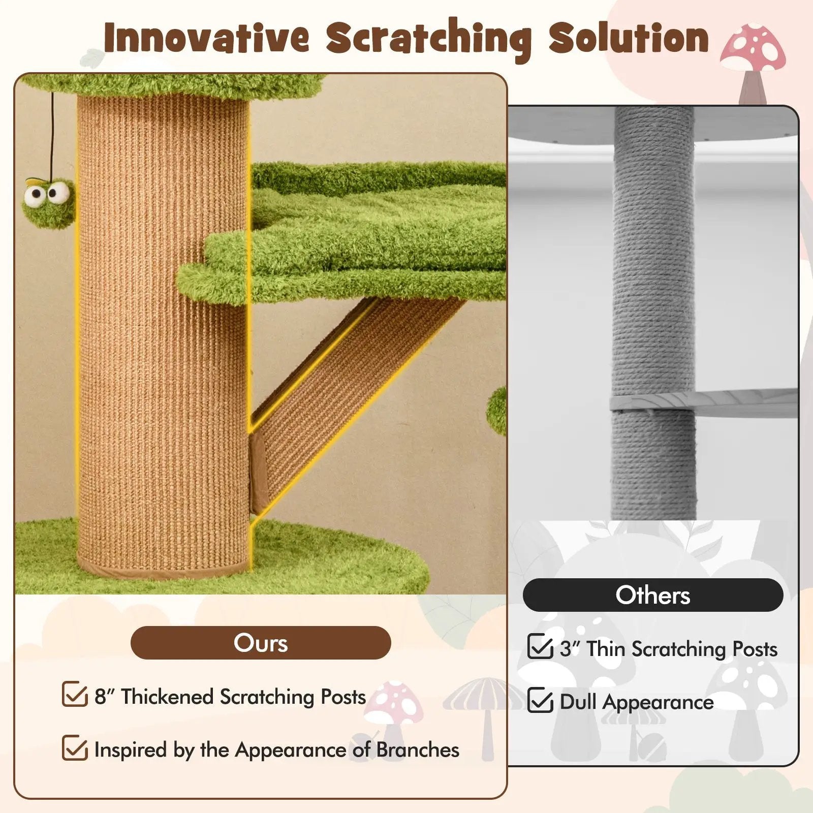 Mushroom Cat Tree for Indoor Cats with 2 Cute Condos Plush Perch and Teasing Balls-Green by DirectDeals