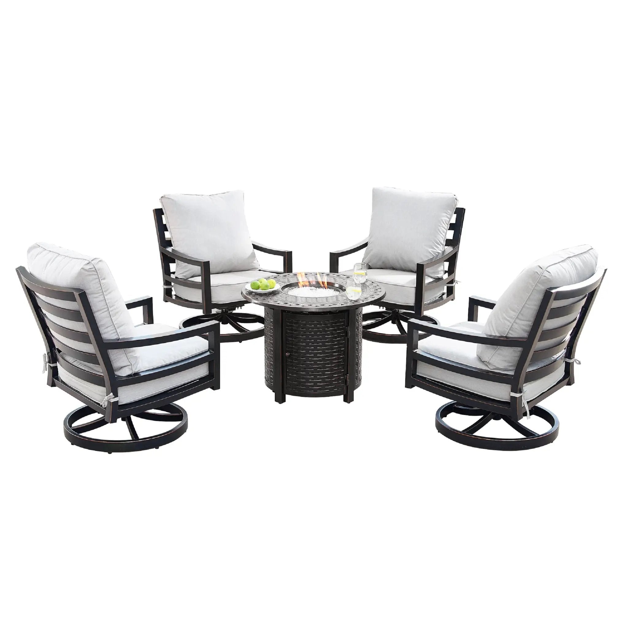 Aluminum 34-in Round Patio Fire Table Set with Swivel Rocking Chairs by Sharicks