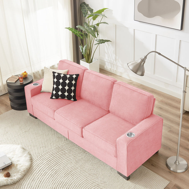 Modern Snowfleece Fabric 3 Seater Sofa with Cup Holder – Pink, photo 10 of 15