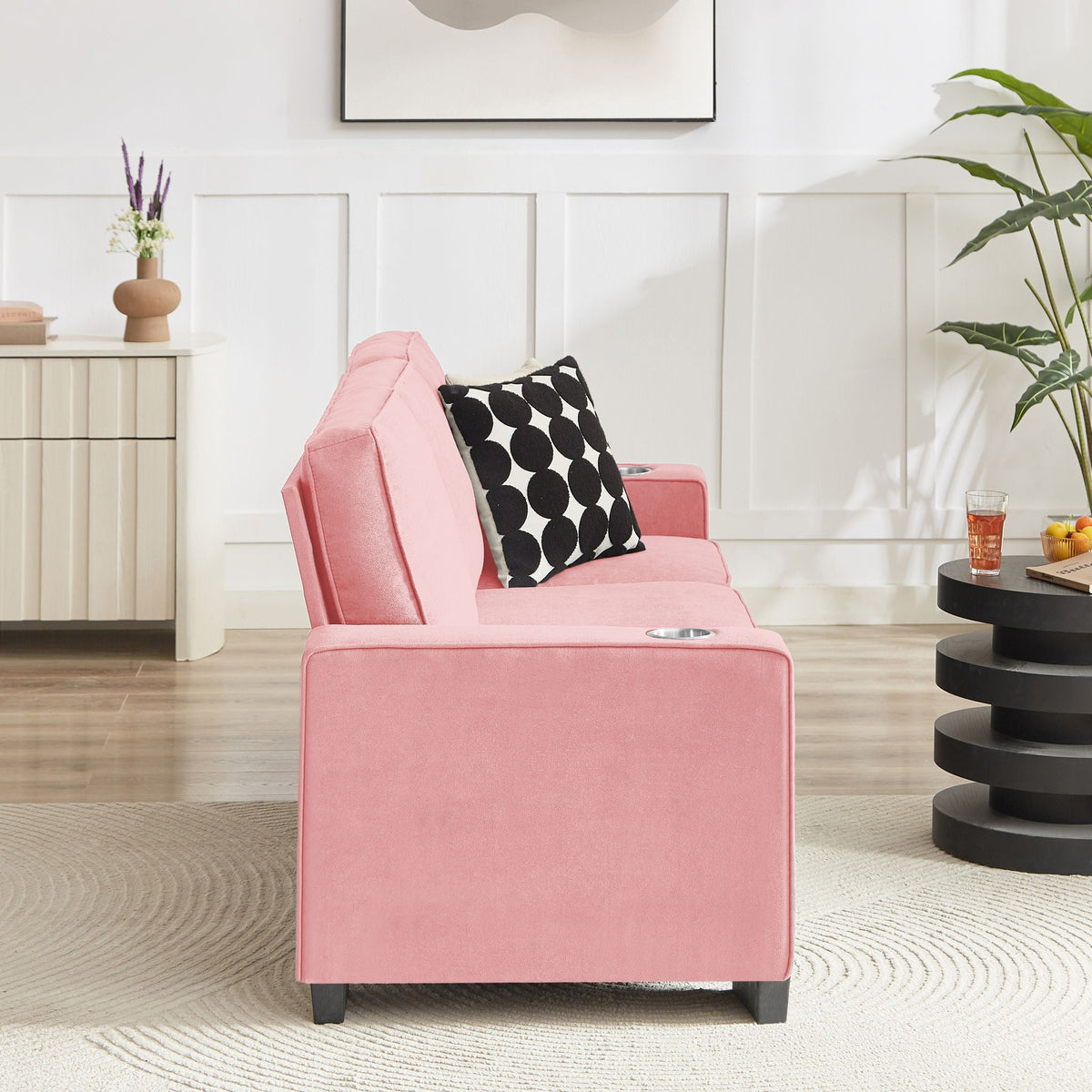 Modern Snowfleece Fabric 3 Seater Sofa with Cup Holder – Pink, photo 12 of 15