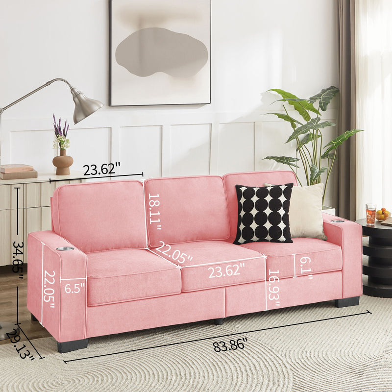 Modern Snowfleece Fabric 3 Seater Sofa with Cup Holder – Pink, photo 13 of 15