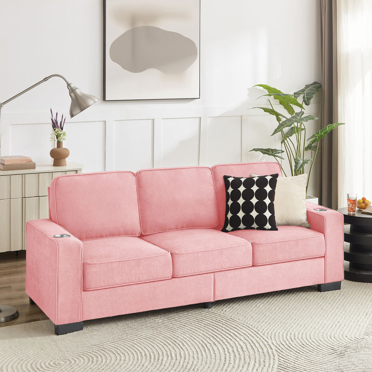 Modern Snowfleece Fabric 3 Seater Sofa with Cup Holder – Pink, photo 15 of 15