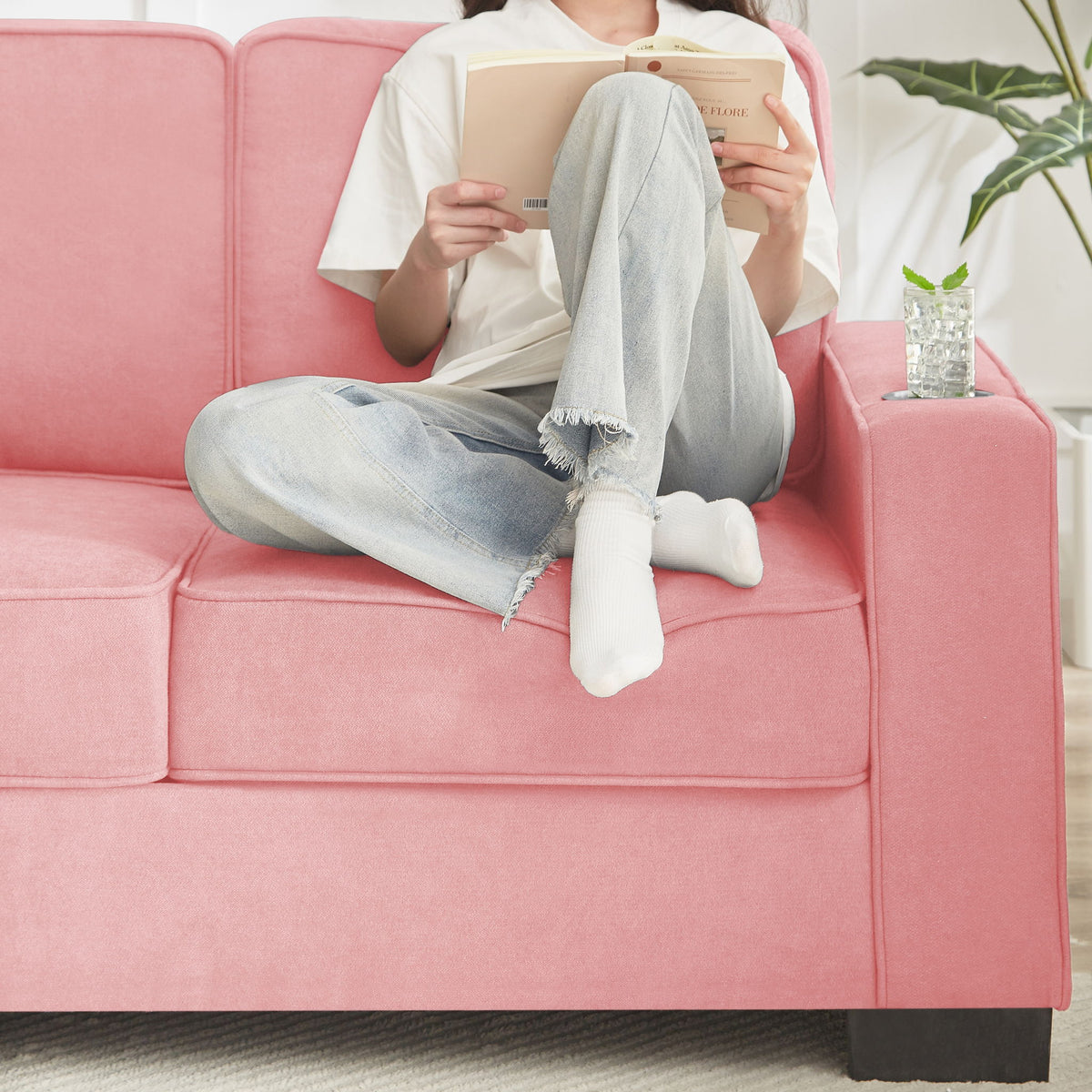 Modern Snowfleece Fabric 3 Seater Sofa with Cup Holder – Pink, photo 3 of 15