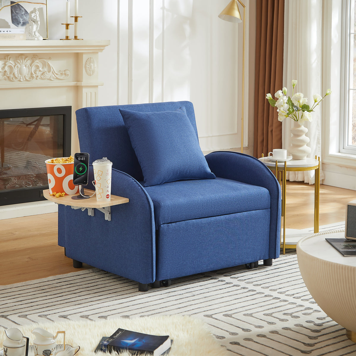 Sleeper Sofa Chair Bed, 3 In 1 Convertible Sofa Chair With Adjustable Backrest & Foldable Table & USB, Type-C, Adjustable Recliner, Armchair For Living Room Bedroom Apartment Small Space,Darkblue, photo 10 of 10