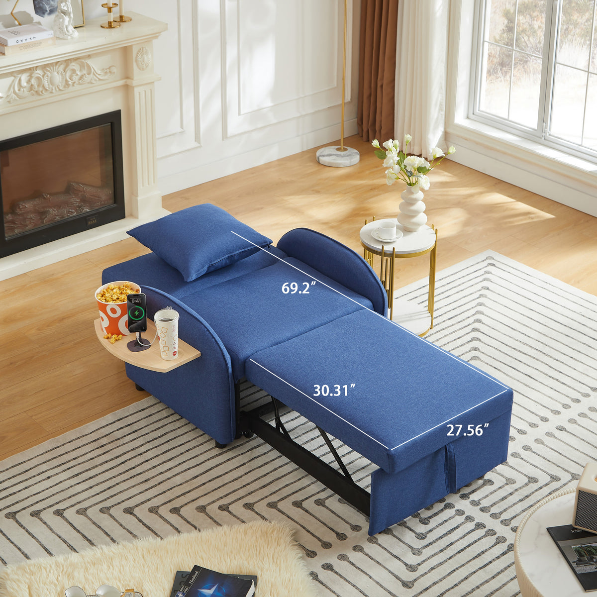 Sleeper Sofa Chair Bed, 3 In 1 Convertible Sofa Chair With Adjustable Backrest & Foldable Table & USB, Type-C, Adjustable Recliner, Armchair For Living Room Bedroom Apartment Small Space,Darkblue, photo 4 of 10