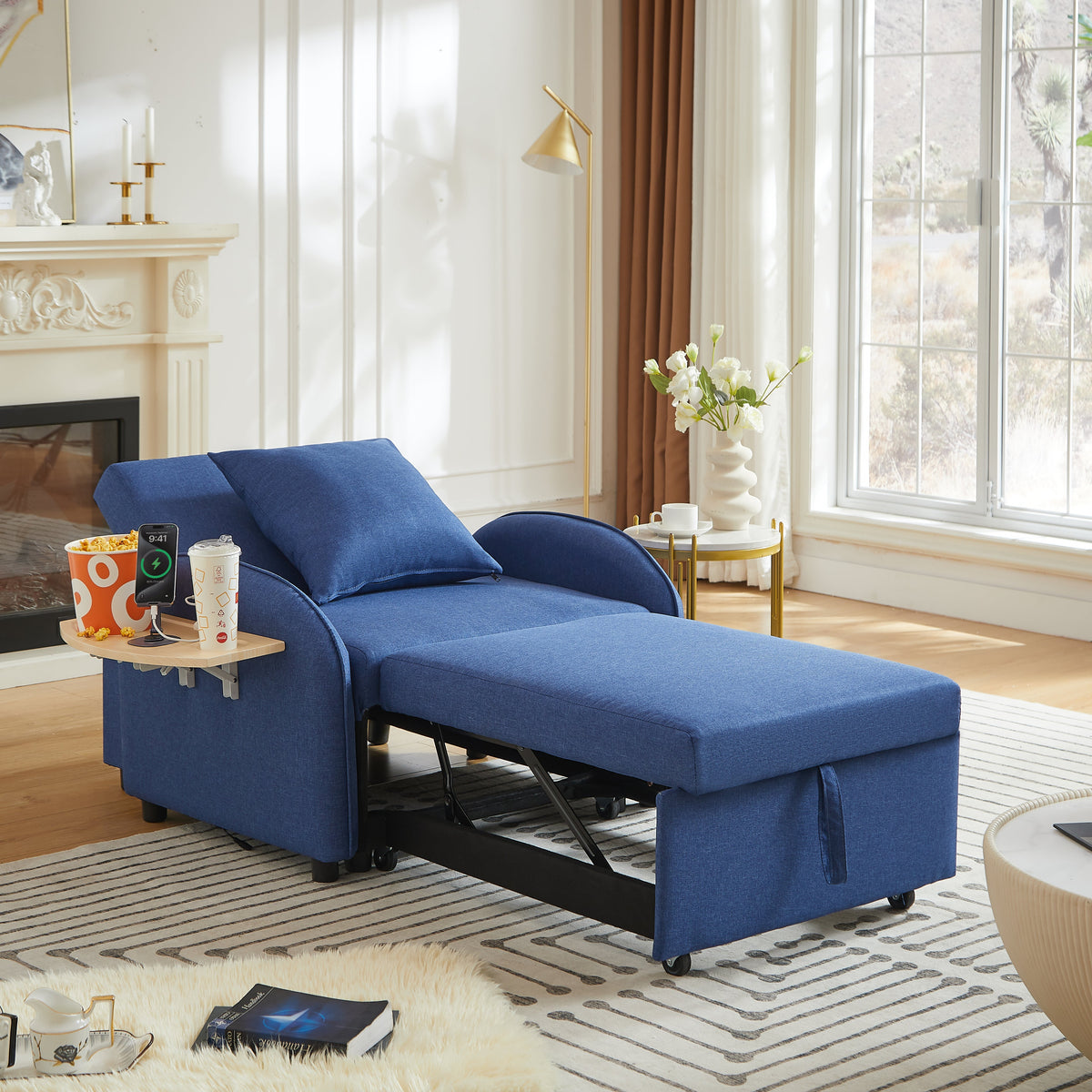 Sleeper Sofa Chair Bed, 3 In 1 Convertible Sofa Chair With Adjustable Backrest & Foldable Table & USB, Type-C, Adjustable Recliner, Armchair For Living Room Bedroom Apartment Small Space,Darkblue, photo 8 of 10