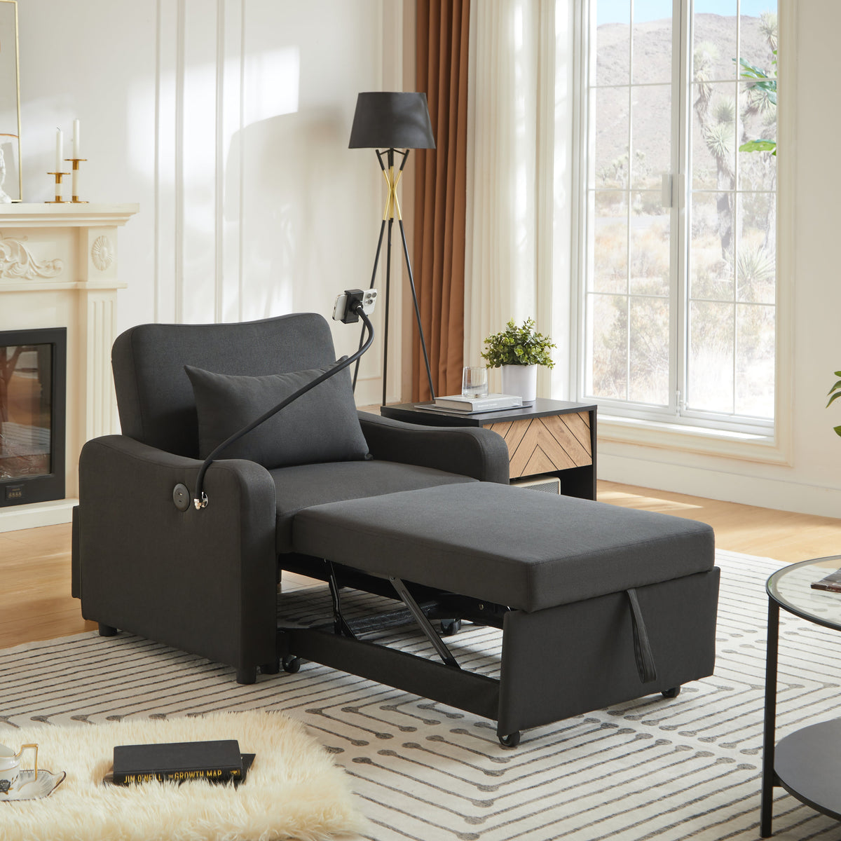Sleeper Sofa Chair Bed, 3 In 1 Convertible Sofa Chair With Adjustable Backrest & Foldable Table & USB, Type-C, Adjustable Recliner, Armchair For Living Room Bedroom Apartment Small Space,Darkblue, photo 3 of 10