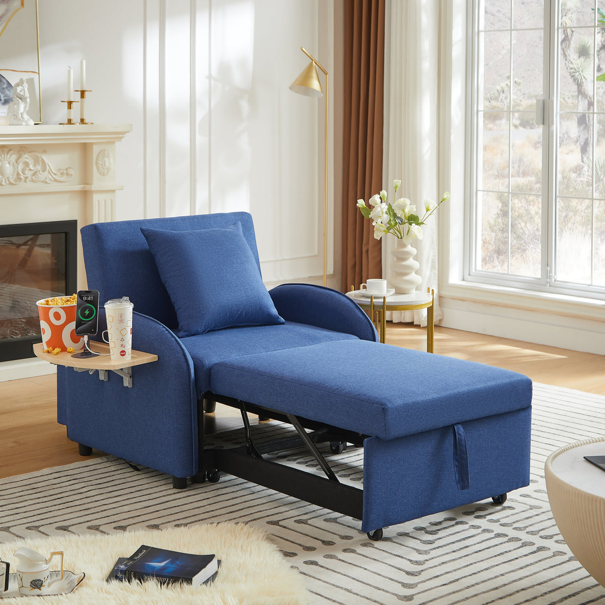 Sleeper Sofa Chair Bed, 3 In 1 Convertible Sofa Chair With Adjustable Backrest & Foldable Table & USB, Type-C, Adjustable Recliner, Armchair For Living Room Bedroom Apartment Small Space,Darkblue
