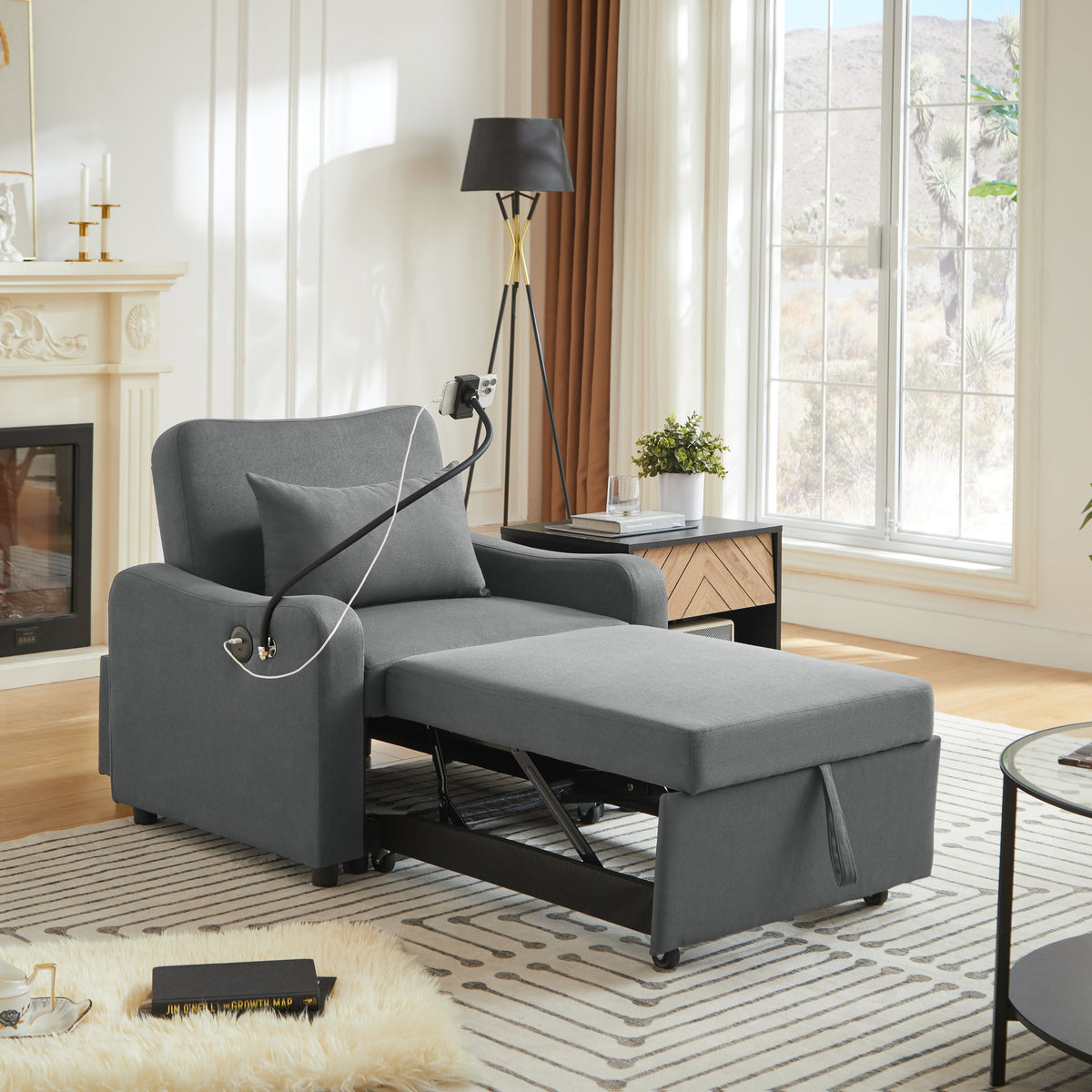 Sleeper Sofa Chair Bed, 3 In 1 Convertible Sofa Chair With Adjustable Backrest & Foldable Table & USB, Type-C, Adjustable Recliner, Armchair For Living Room Bedroom Apartment Small Space,Darkblue, photo 2 of 10