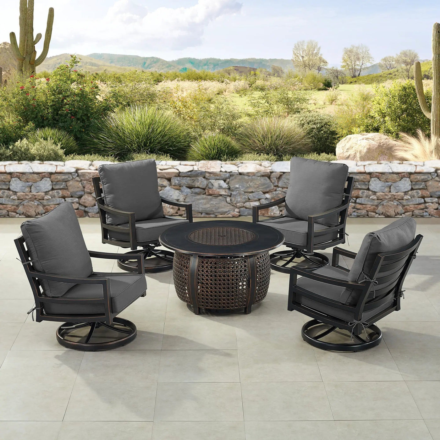 Black Aluminum Fire Table Set with Four Club Chairs by Sharicks