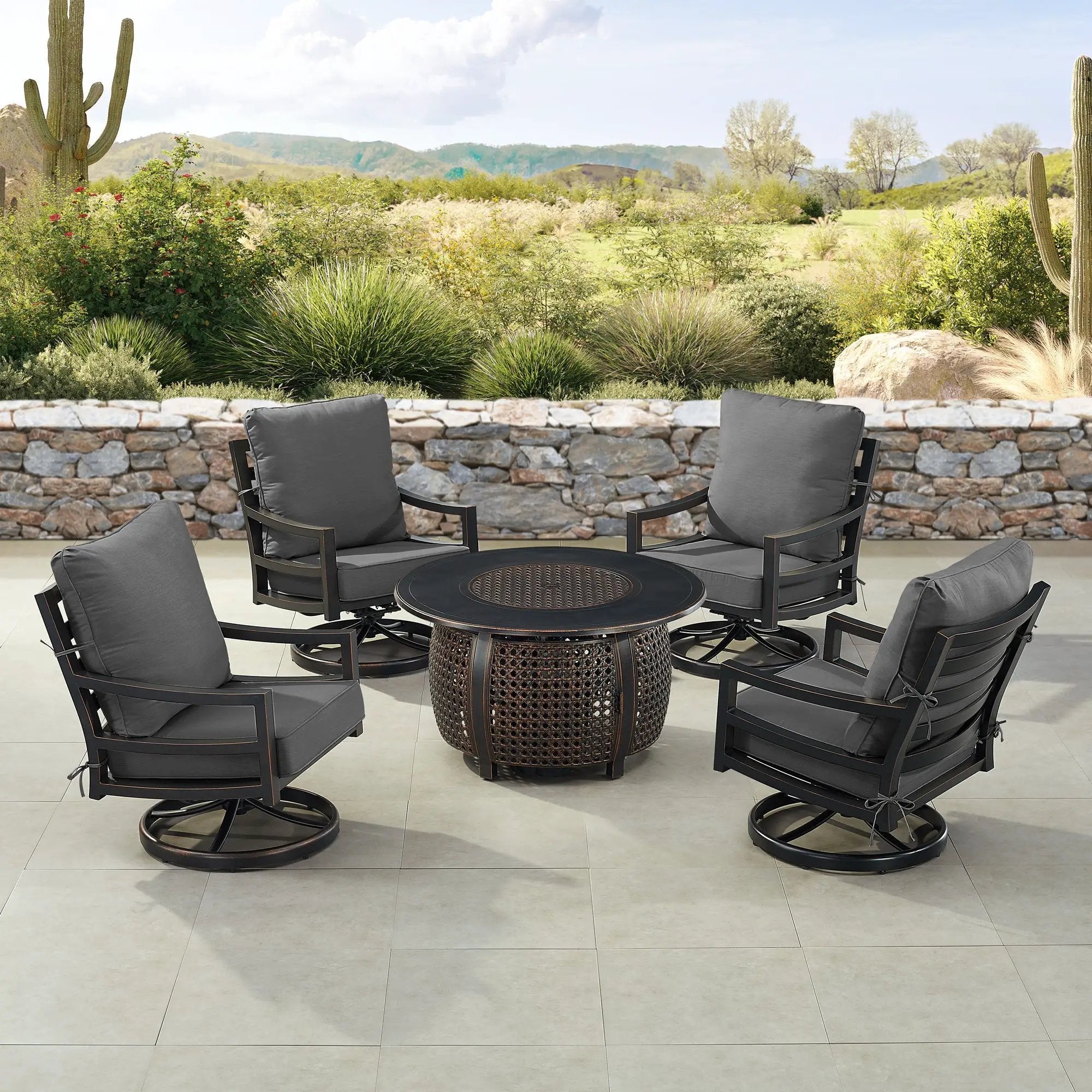 Black Aluminum Fire Table Set with Four Club Chairs by Sharicks
