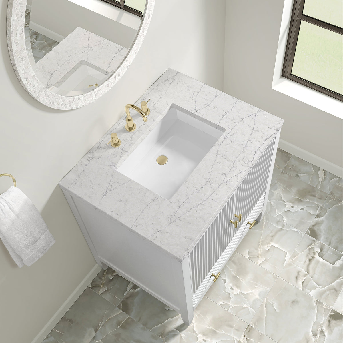 James Martin Myrrin 30" Single Bathroom Vanity, Bright White with Eternal Jasmine Pearl countertop