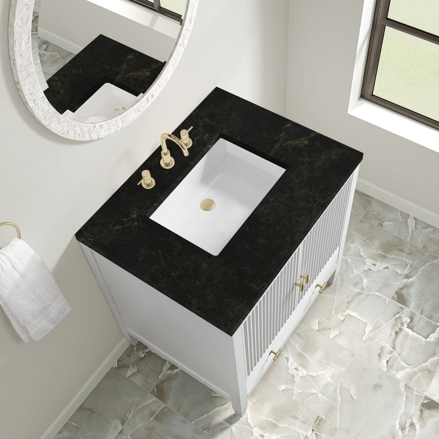 James Martin Myrrin 30" Single Bathroom Vanity, Bright White with Phantome countertop
