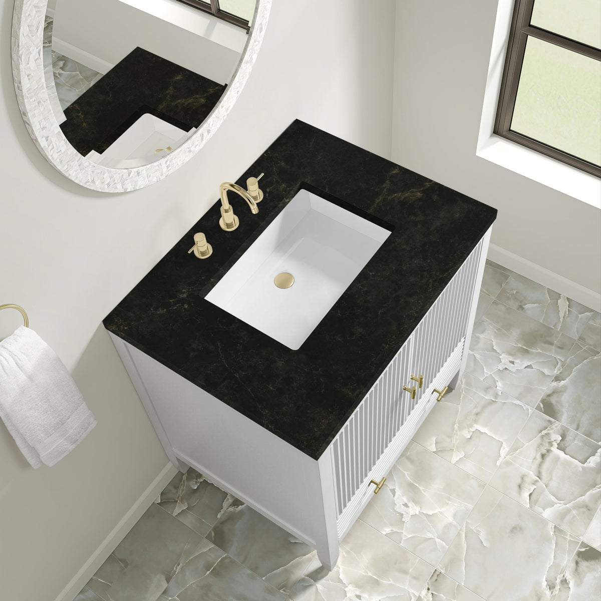James Martin Myrrin 30" Single Bathroom Vanity, Bright White with Phantome countertop