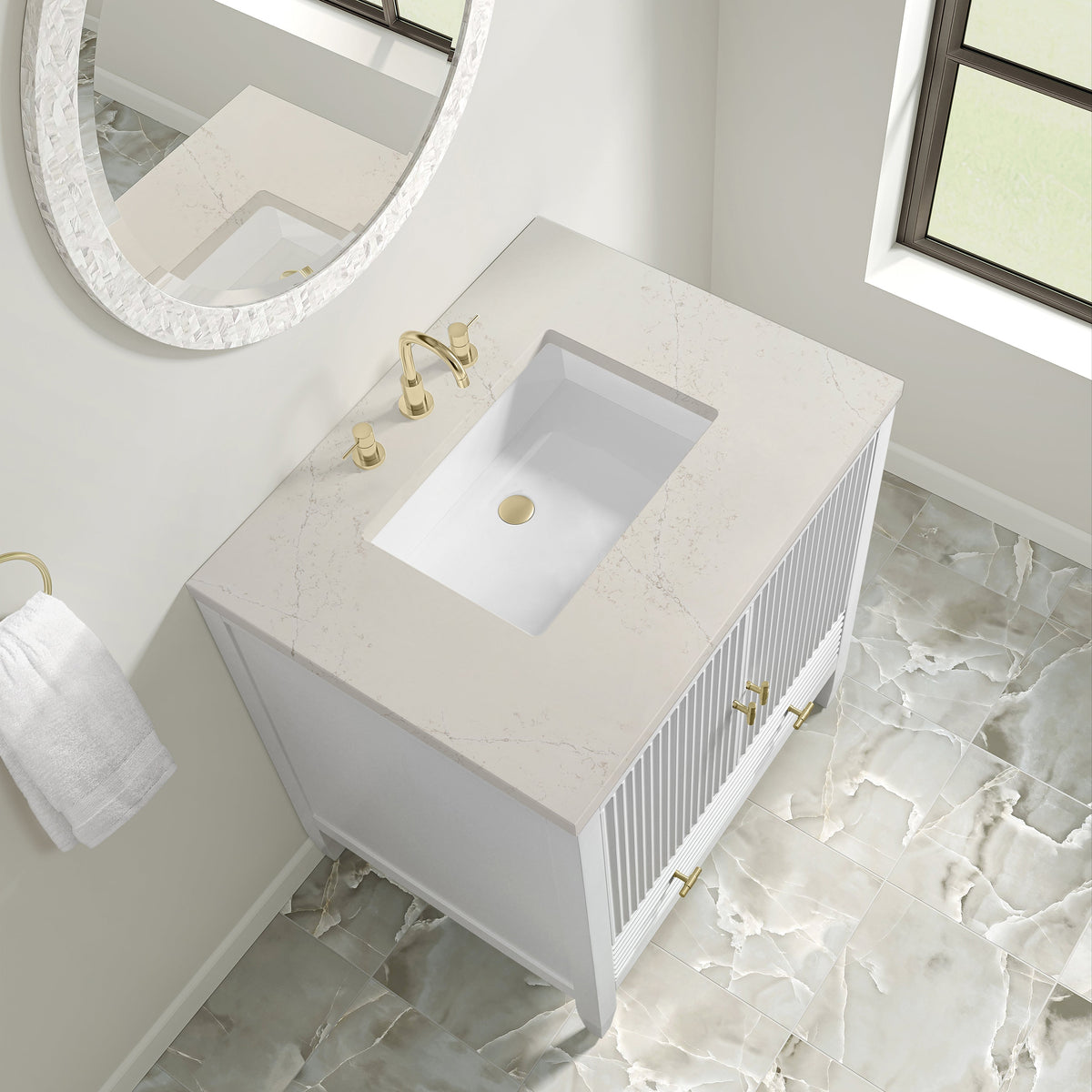 James Martin Myrrin 30" Single Bathroom Vanity, Bright White with Siberian countertop