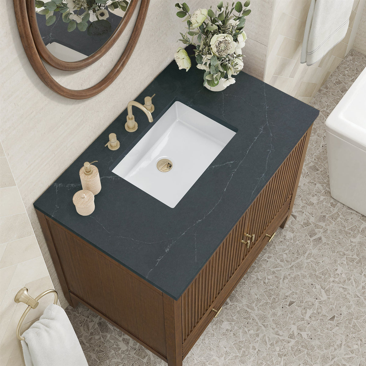James Martin Myrrin 36" Single Bathroom Vanity, Mid-Century Walnut with Charcoal Soapstone countertop