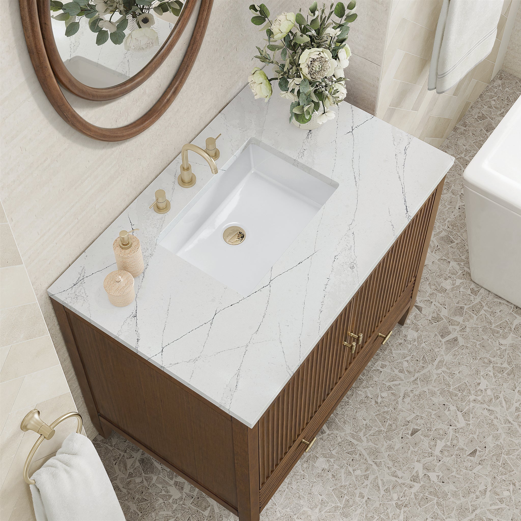 James Martin Myrrin 36" Single Bathroom Vanity, Mid-Century Walnut with Ethereal Noctis countertop