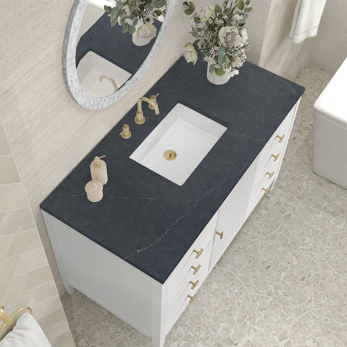 James Martin Myrrin 48" Single Bathroom Vanity, Bright White with Charcoal Soapstone countertop