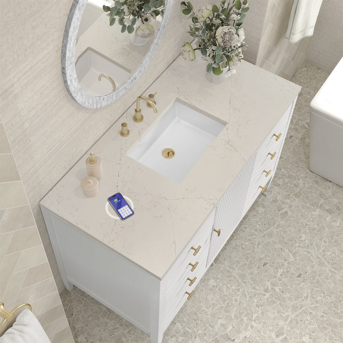 James Martin Myrrin 48" Single Bathroom Vanity, Bright White with Siberian (FreePower) countertop