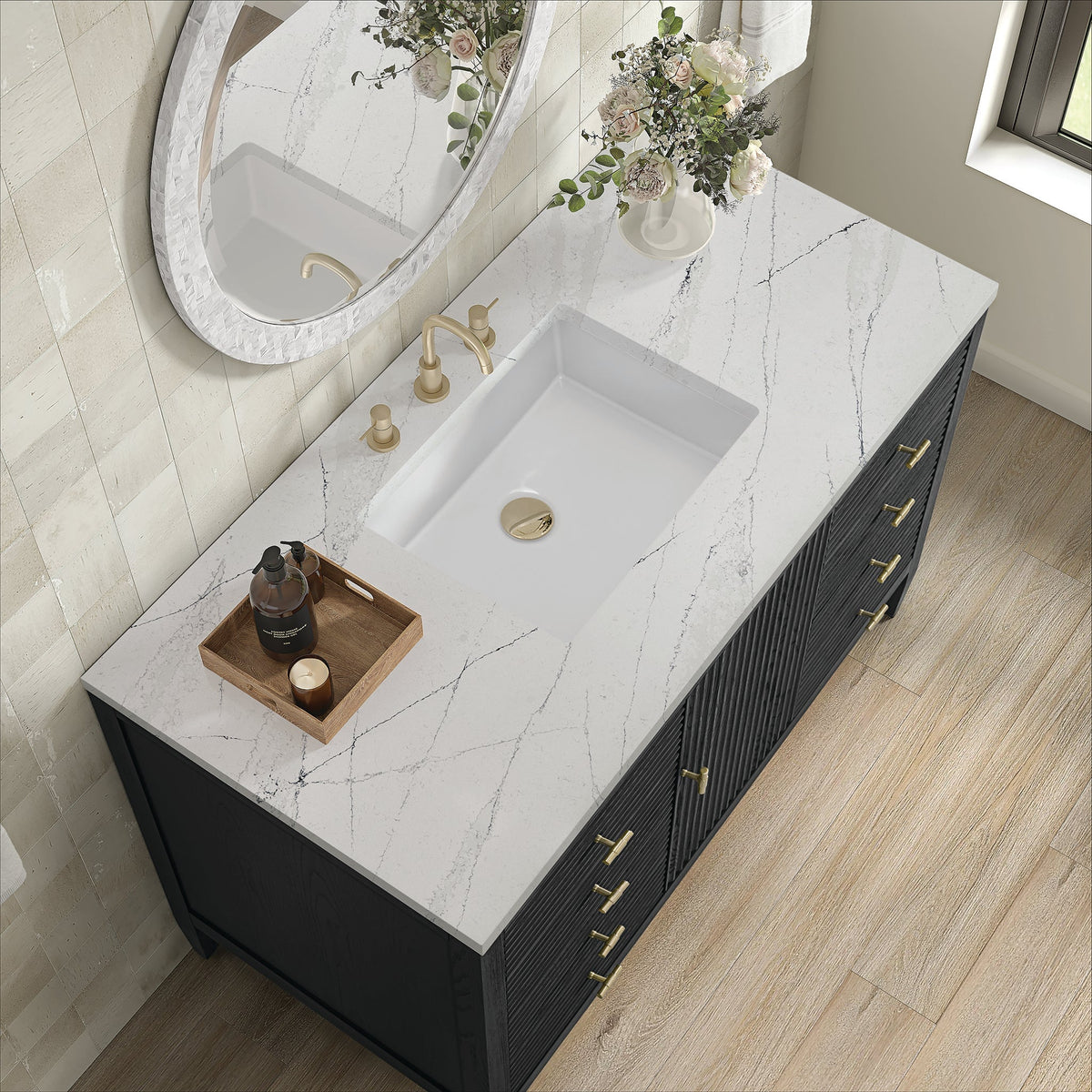 James Martin Myrrin 48" Single Bathroom Vanity, Carbon Oak with Ethereal Noctis countertop