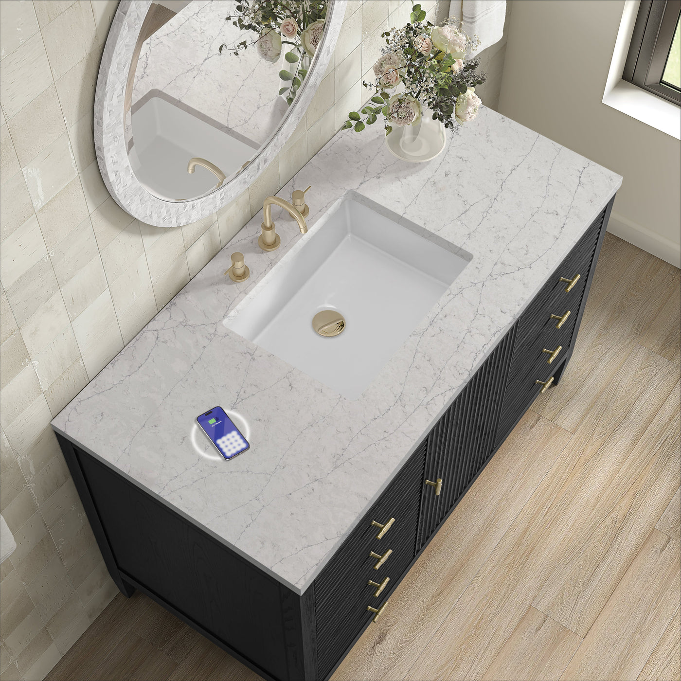 James Martin Myrrin 48" Single Bathroom Vanity, Carbon Oak with Eternal Jasmine Pearl (FreePower) countertop