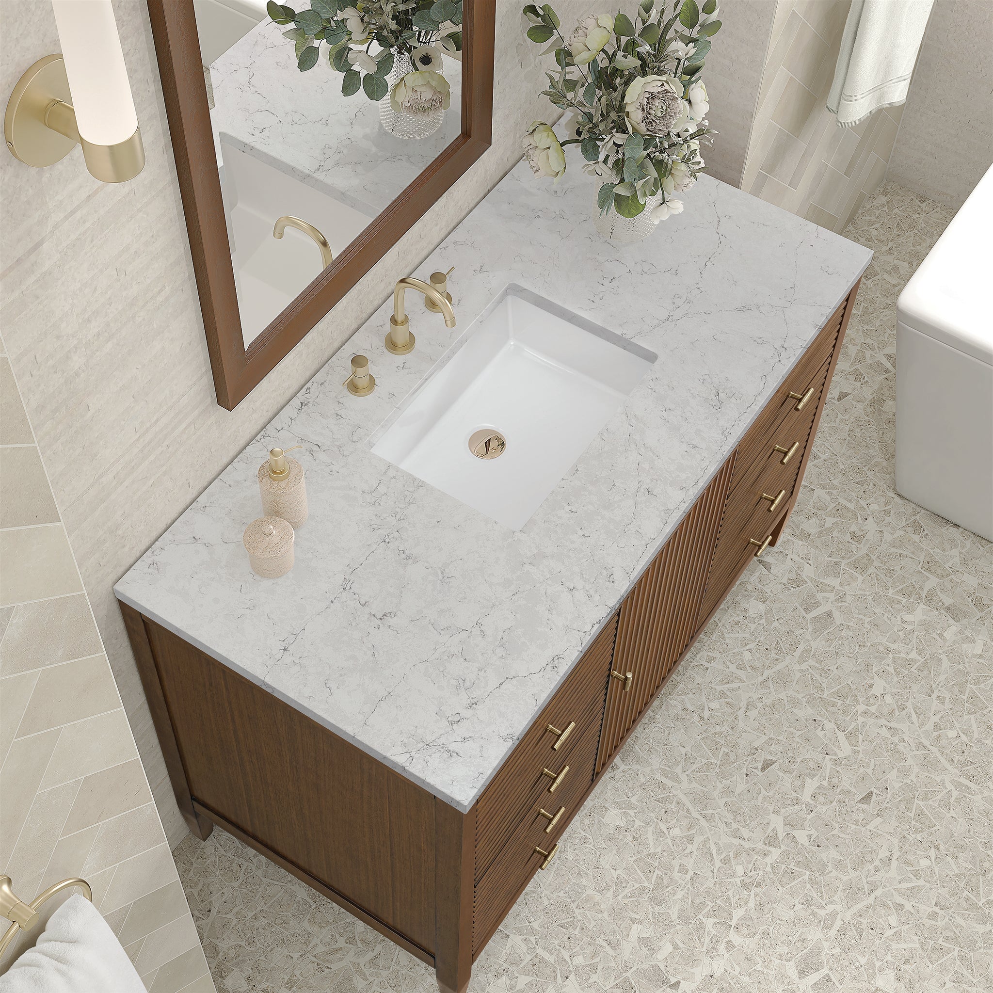 James Martin Myrrin 48" Single Bathroom Vanity, Mid-Century Walnut with Eternal Jasmine Pearl countertop