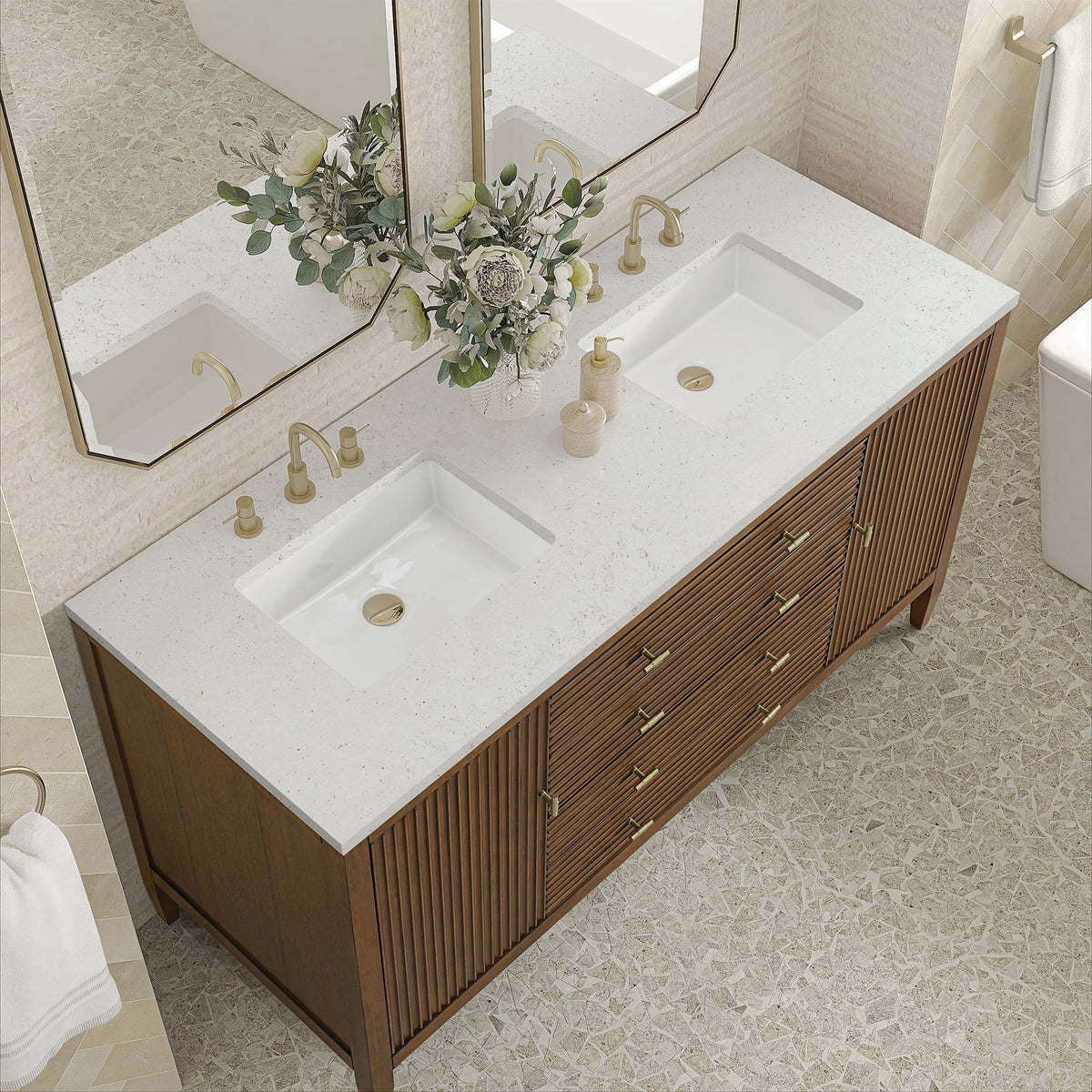 James Martin Myrrin 60" Double Bathroom Vanity, Mid-Century Walnut with Lime Delight countertop