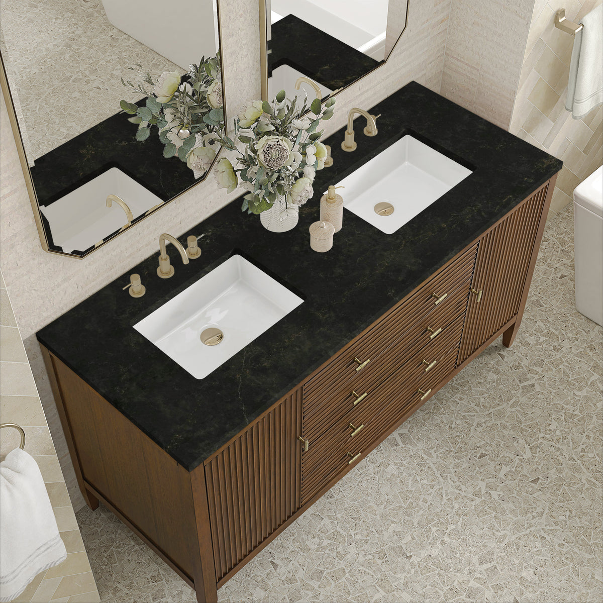 James Martin Myrrin 60" Double Bathroom Vanity, Mid-Century Walnut with Phantome countertop