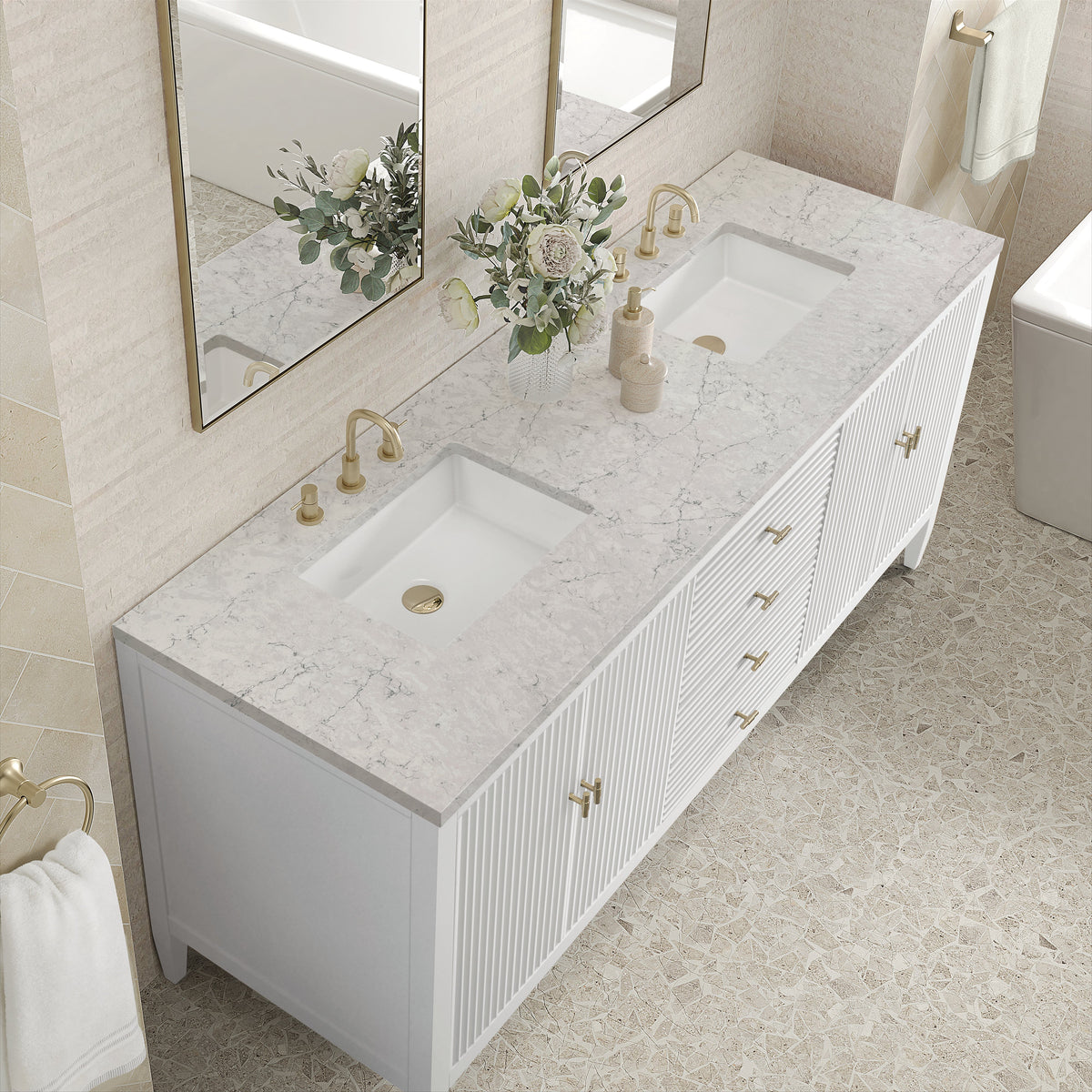 James Martin Myrrin 72" Double Bathroom Vanity, Bright White with Eternal Jasmine Pearl countertop
