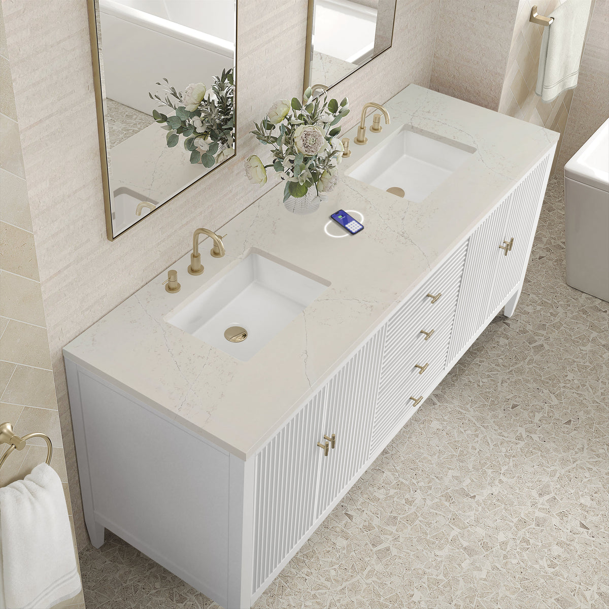 James Martin Myrrin 72" Double Bathroom Vanity, Bright White with Siberian (FreePower) countertop