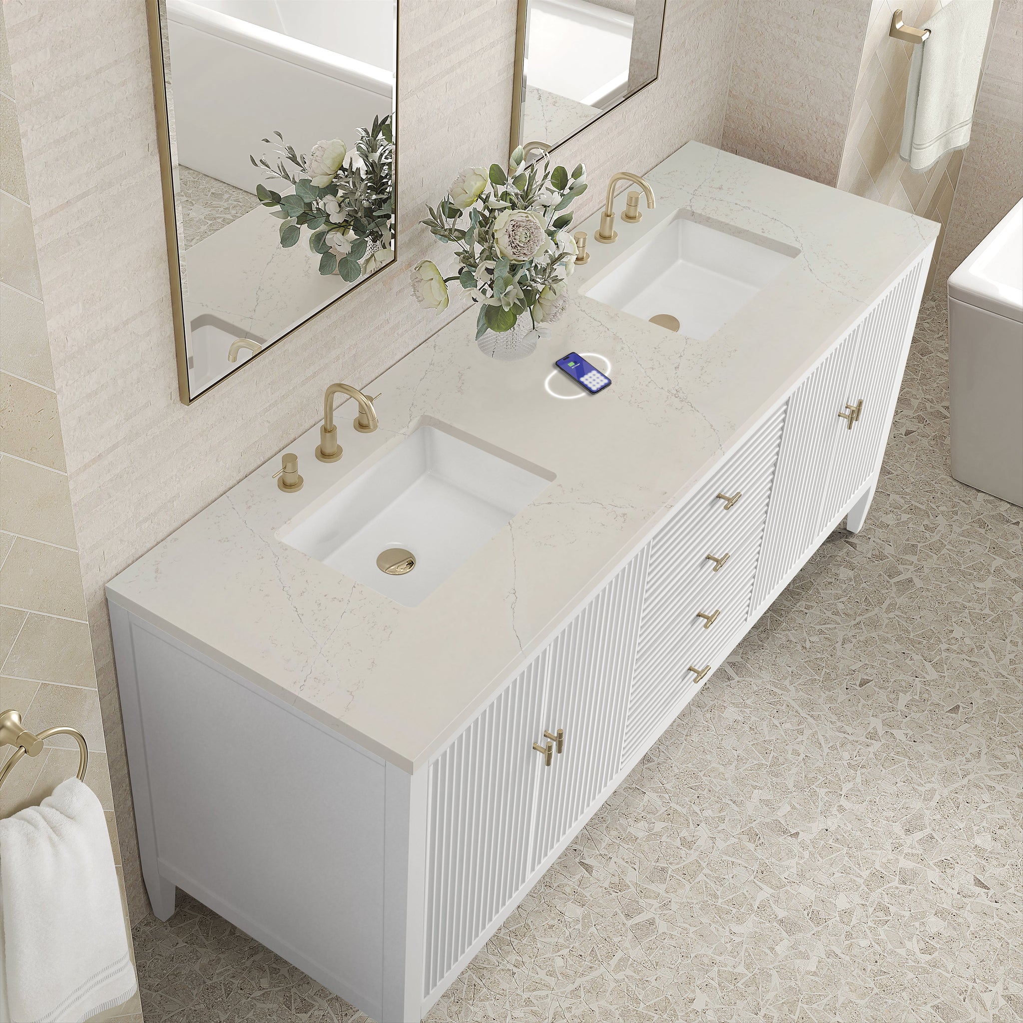 James Martin Myrrin 72" Double Bathroom Vanity, Bright White with Siberian (FreePower) countertop