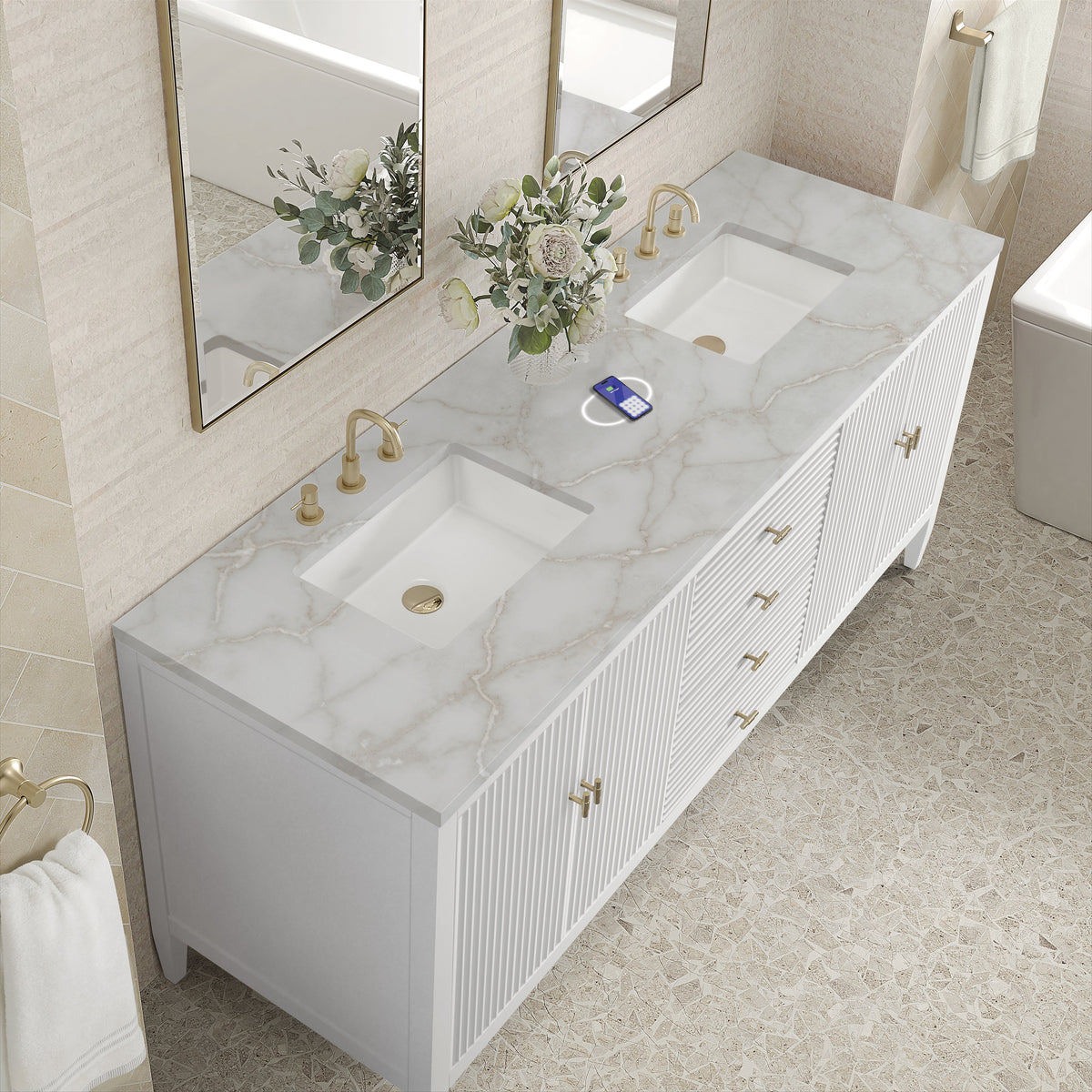 James Martin Myrrin 72" Double Bathroom Vanity, Bright White with Victorian Silver (FreePower) countertop