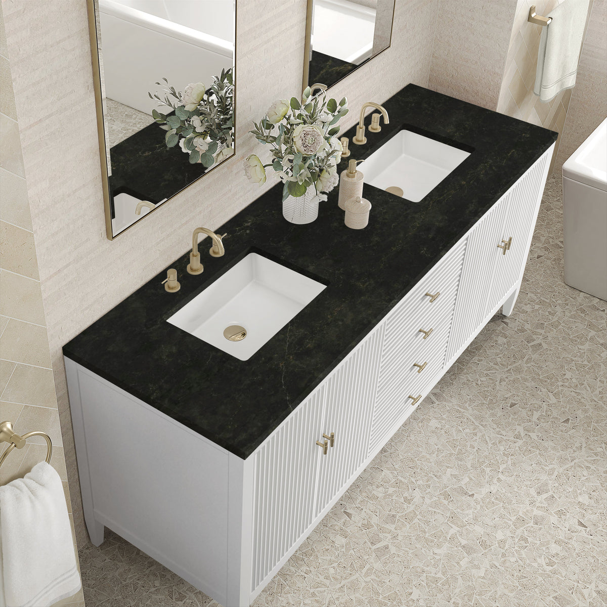 James Martin Myrrin 72" Double Bathroom Vanity, Bright White with Phantome countertop
