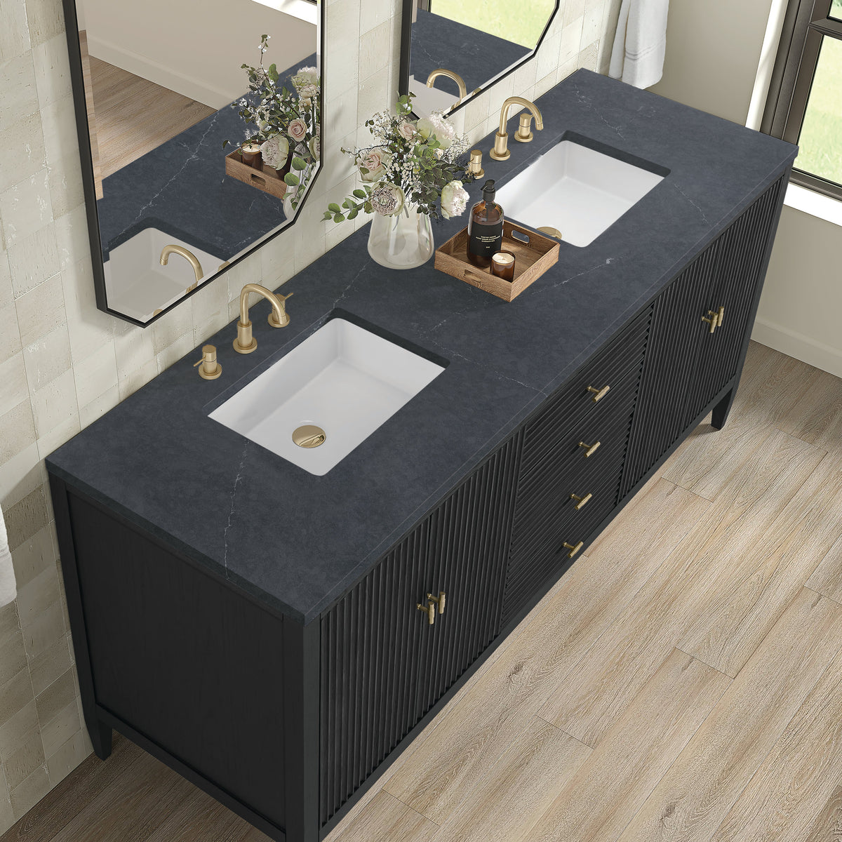 James Martin Myrrin 72" Double Bathroom Vanity, Carbon Oak with Charcoal Soapstone countertop