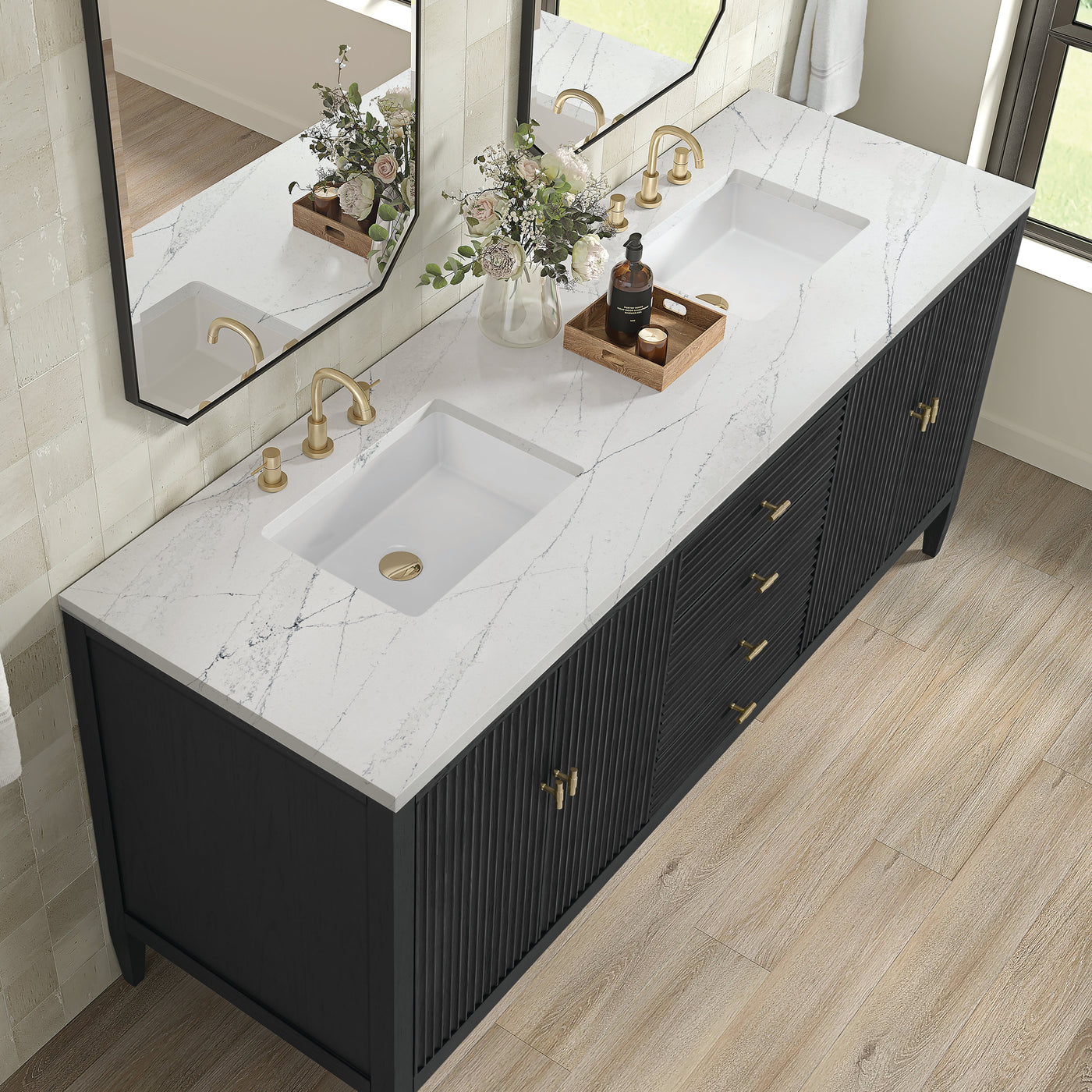 James Martin Myrrin 72" Double Bathroom Vanity, Carbon Oak with Ethereal Noctis countertop