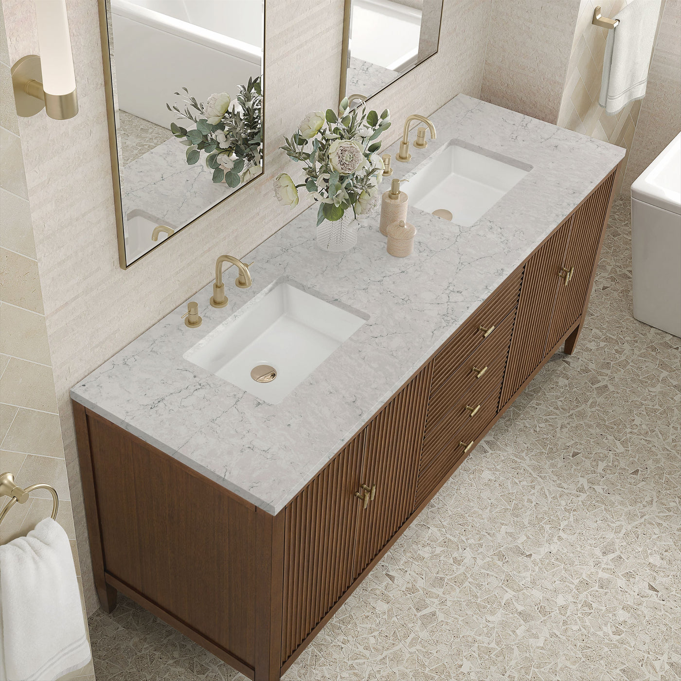 James Martin Myrrin 72" Double Bathroom Vanity, Mid-Century Walnut with Eternal Jasmine Pearl countertop