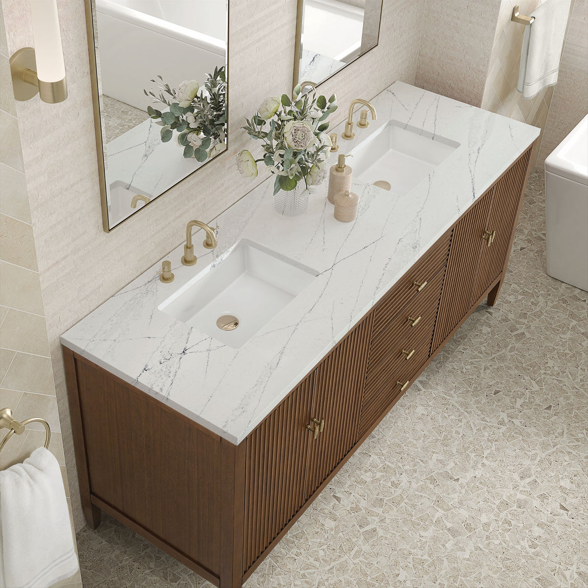 James Martin Myrrin 72" Double Bathroom Vanity, Mid-Century Walnut with Ethereal Noctis countertop
